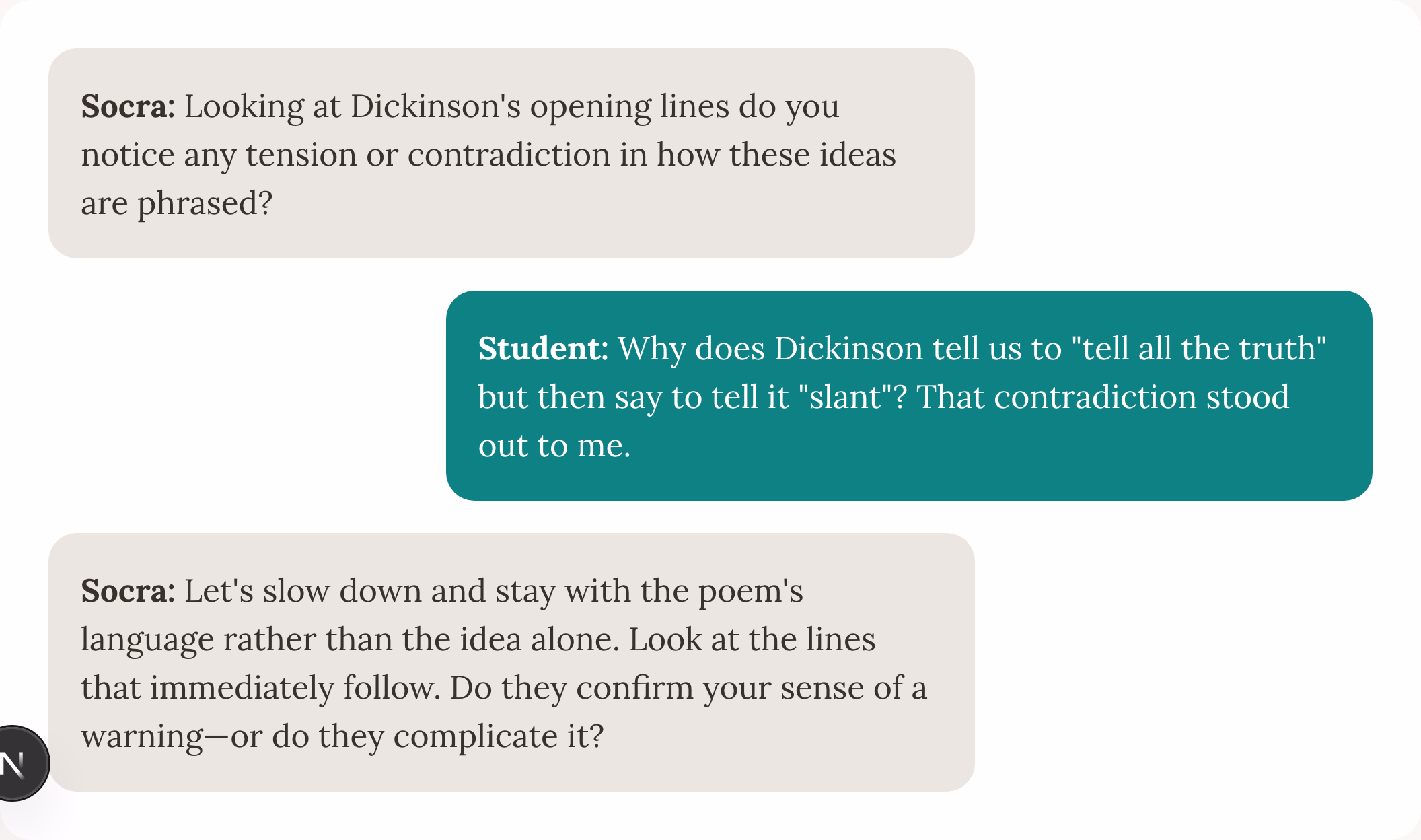 Socra Socratic dialogue preview showing guiding questions